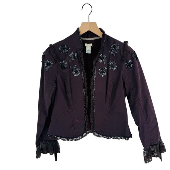 Anthropologie Jackets & Blazers - Anthropologie Odille Sequin Embellished Plum Lace Trim Jacket Size 6